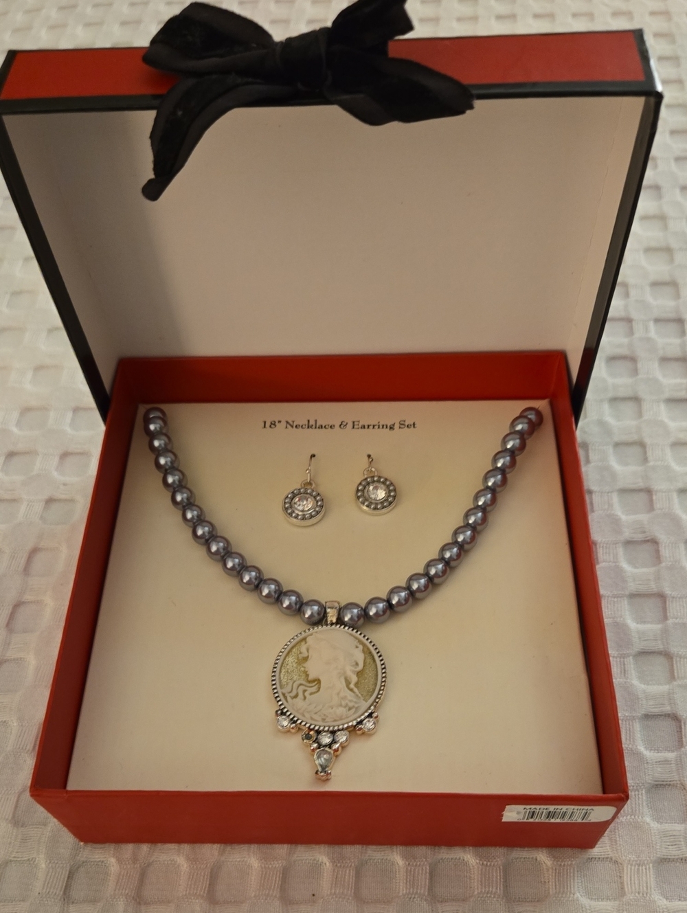 Silver Pearl Bead Necklace & Earrings Set with Cameo Pendant - Women's Jewelry